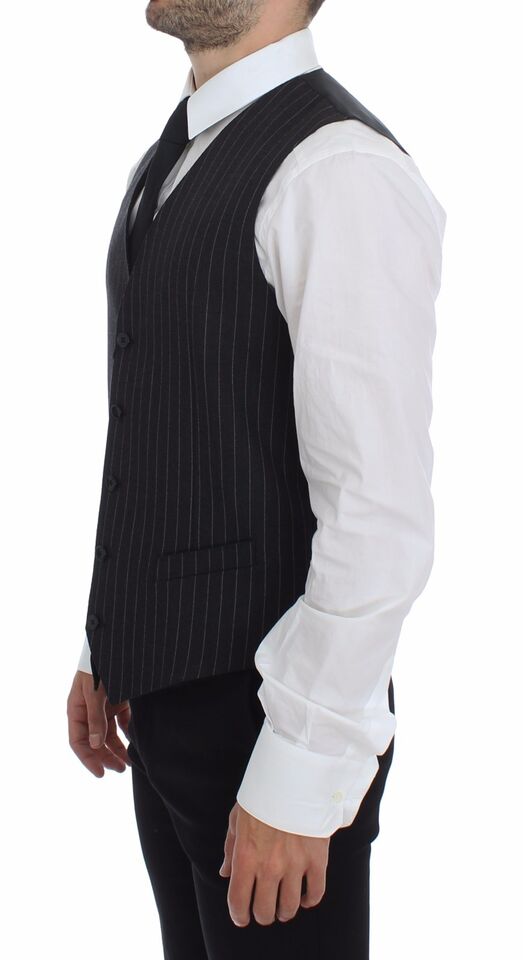 Dolce & Gabbana Grau Gestreifte Woll-Logo-Weste Gilet Weste