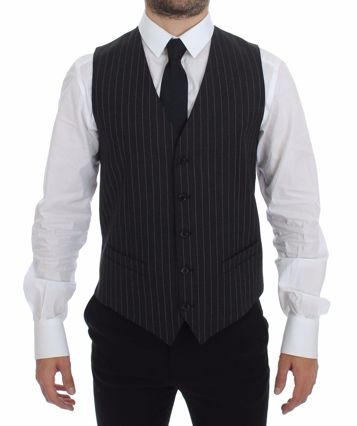 Dolce & Gabbana Grau Gestreifte Woll-Logo-Weste Gilet Weste