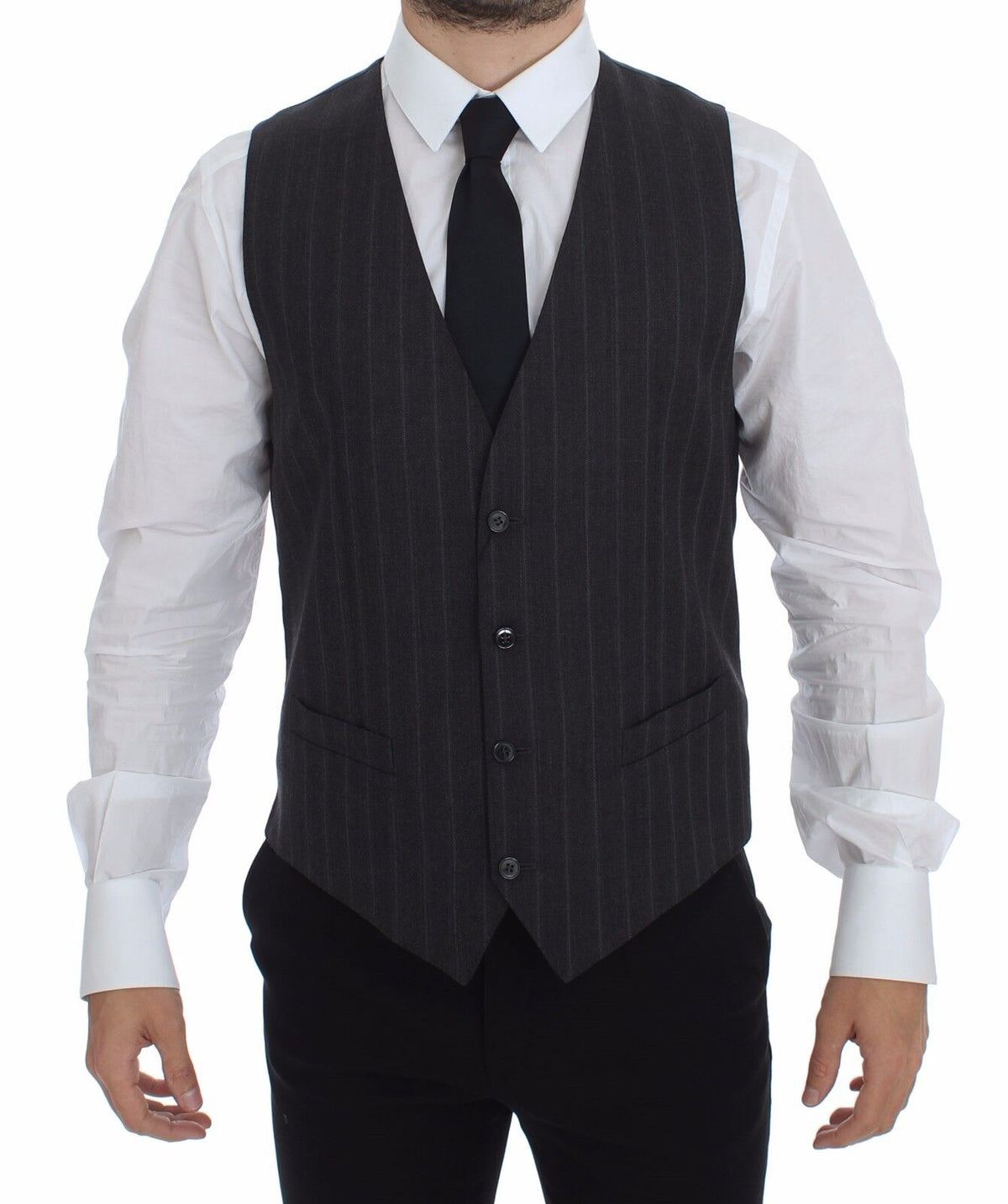 Dolce & Gabbana Grau Gestreifte Woll-Logo-Weste Gilet Weste