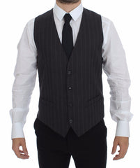 Dolce & Gabbana Grau Gestreifte Woll-Logo-Weste Gilet Weste