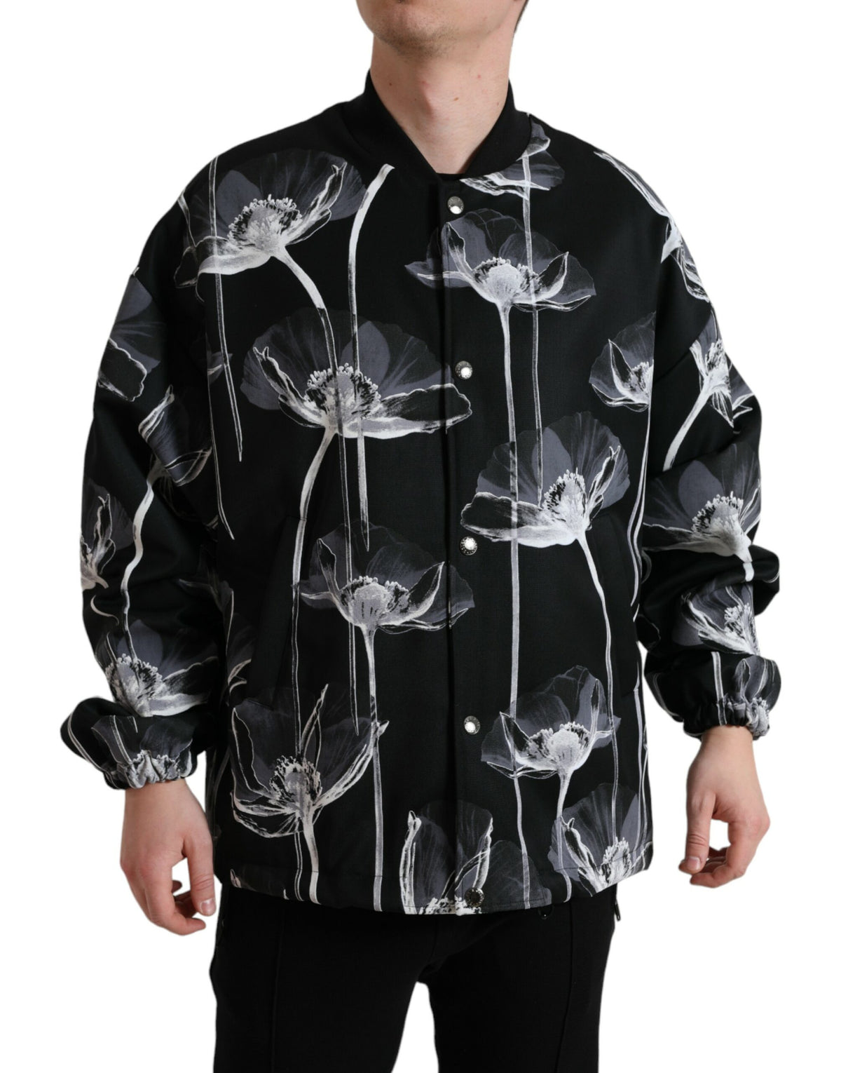 Dolce & Gabbana Schwarze Bomberjacke aus Wolle mit Blumenmuster und Knopfleiste