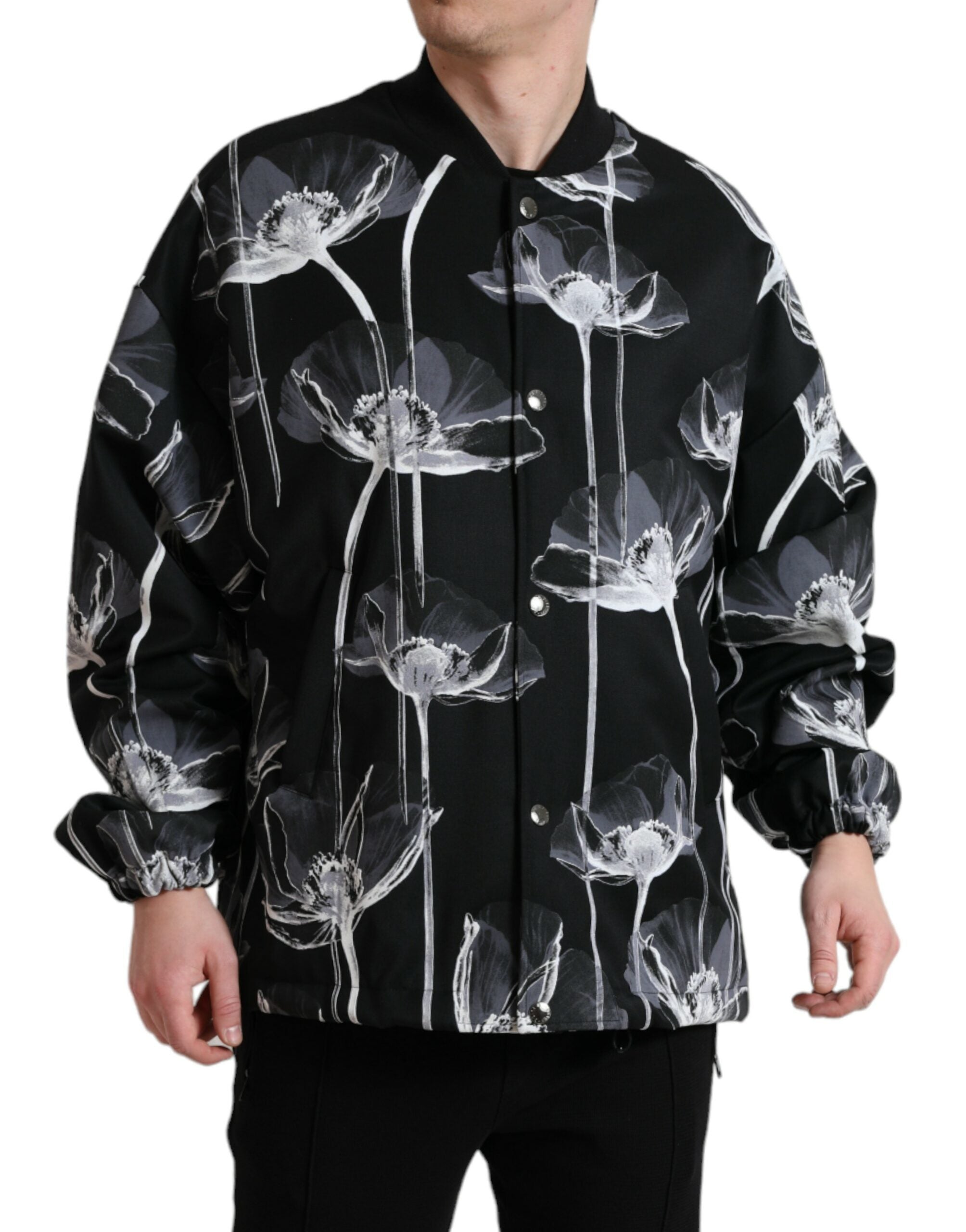Dolce & Gabbana Schwarze Bomberjacke aus Wolle mit Blumenmuster und Knopfleiste