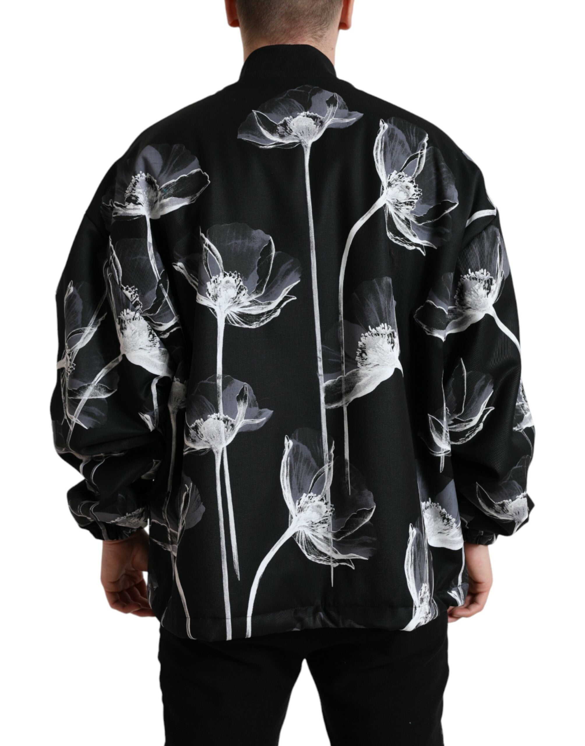Dolce & Gabbana Schwarze Bomberjacke aus Wolle mit Blumenmuster und Knopfleiste