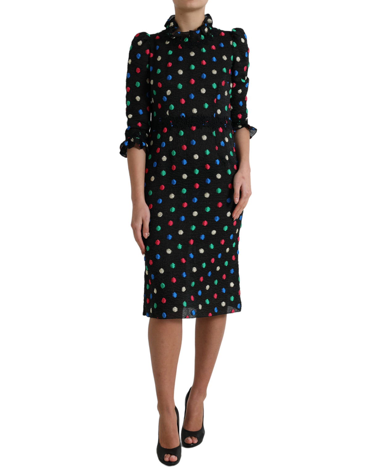 Dolce & Gabbana Schwarzes gepunktetes Baumwoll-Midikleid mit Rüschen