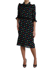 Dolce & Gabbana Schwarzes gepunktetes Baumwoll-Midikleid mit Rüschen