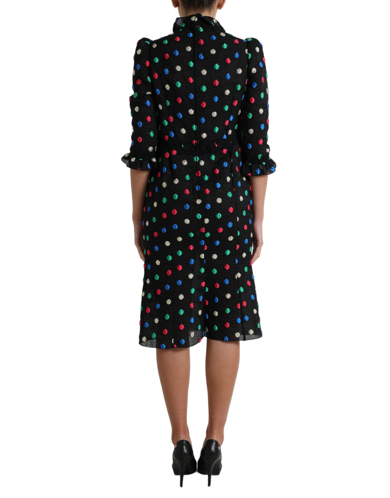Dolce & Gabbana Schwarzes gepunktetes Baumwoll-Midikleid mit Rüschen