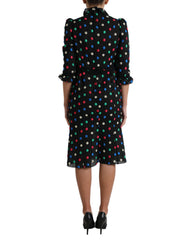 Dolce & Gabbana Schwarzes gepunktetes Baumwoll-Midikleid mit Rüschen