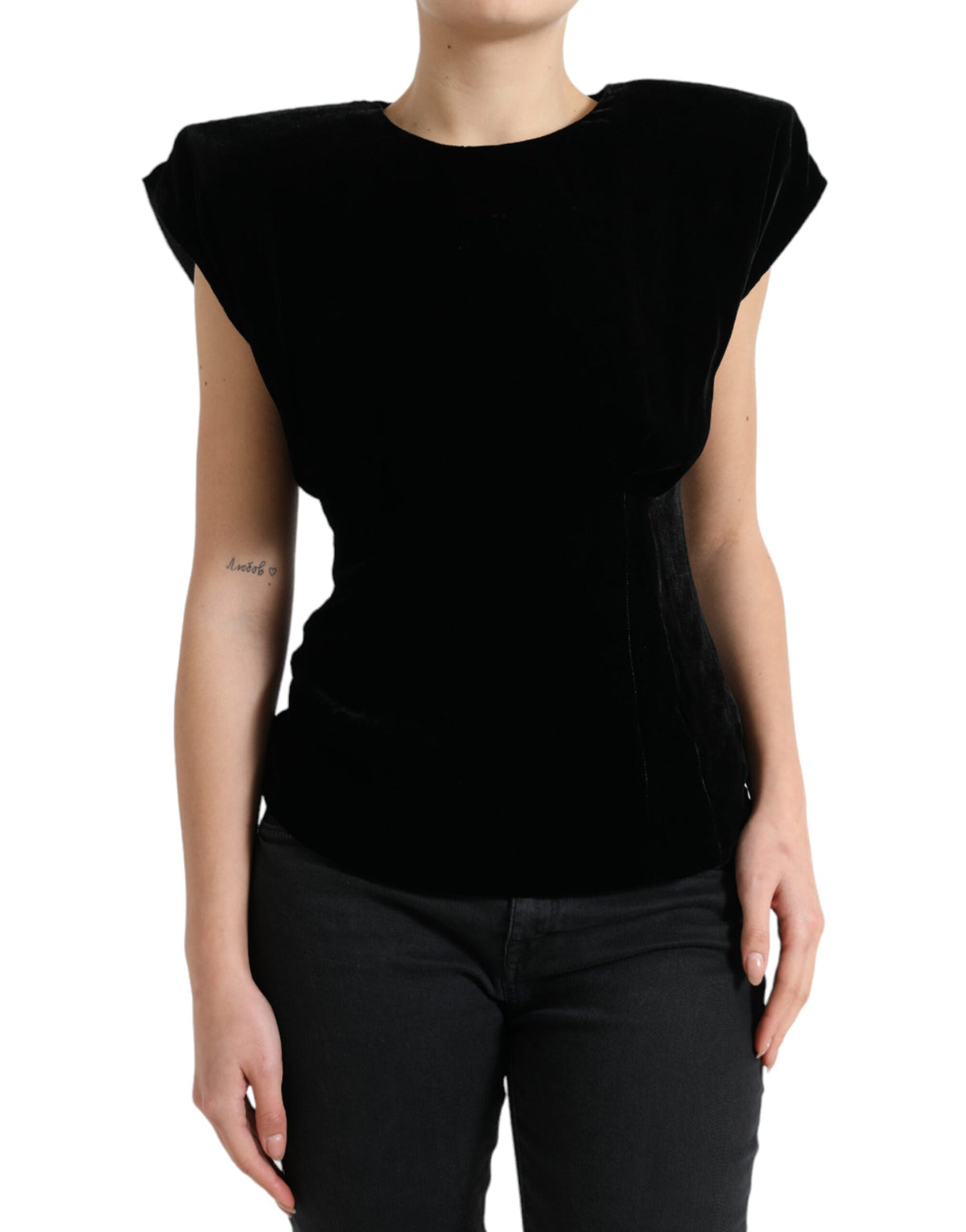 Dolce & Gabbana Schwarze Samt-Bluse mit Passform und gepolsterten Schultern