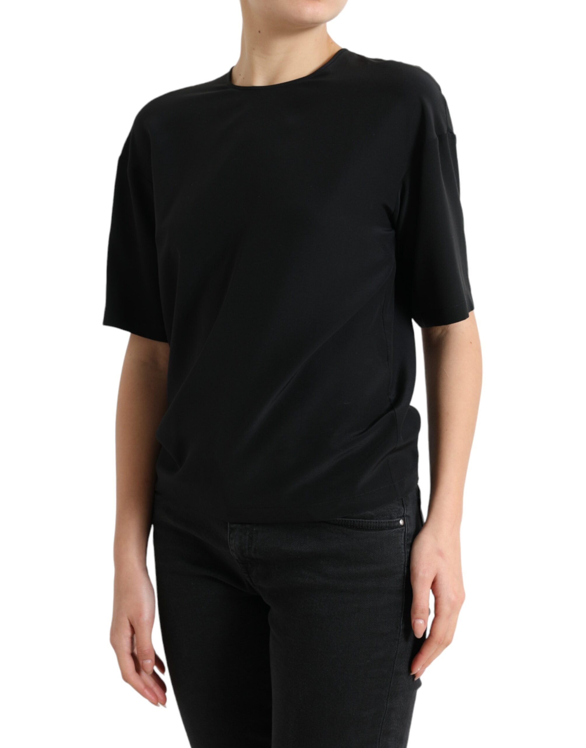 Dolce & Gabbana Zwarte Zijden Blouse met Ronde Hals en Korte Mouwen