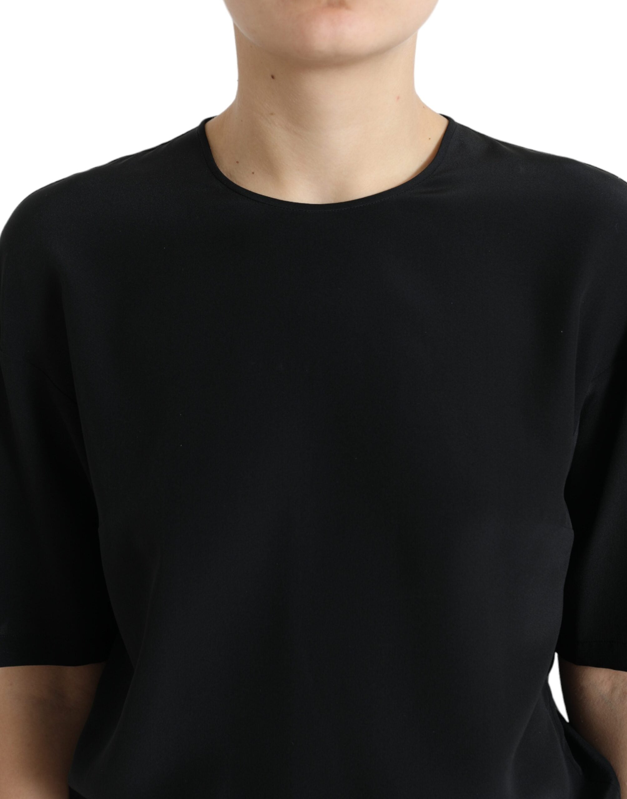 Dolce & Gabbana Zwarte Zijden Blouse met Ronde Hals en Korte Mouwen