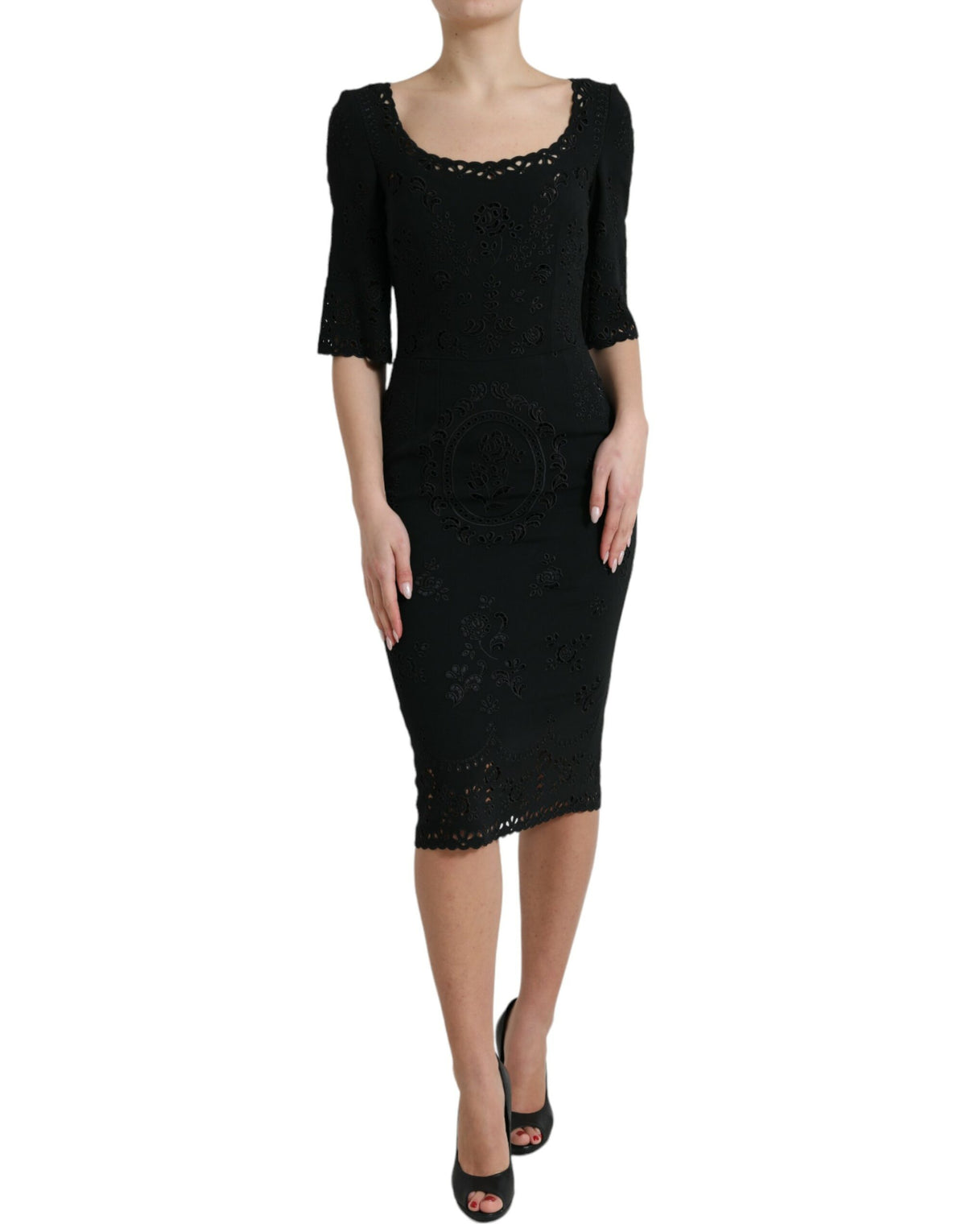 Dolce & Gabbana Schwarzes florales Spitzen-Viskose-Bodycon-Midikleid