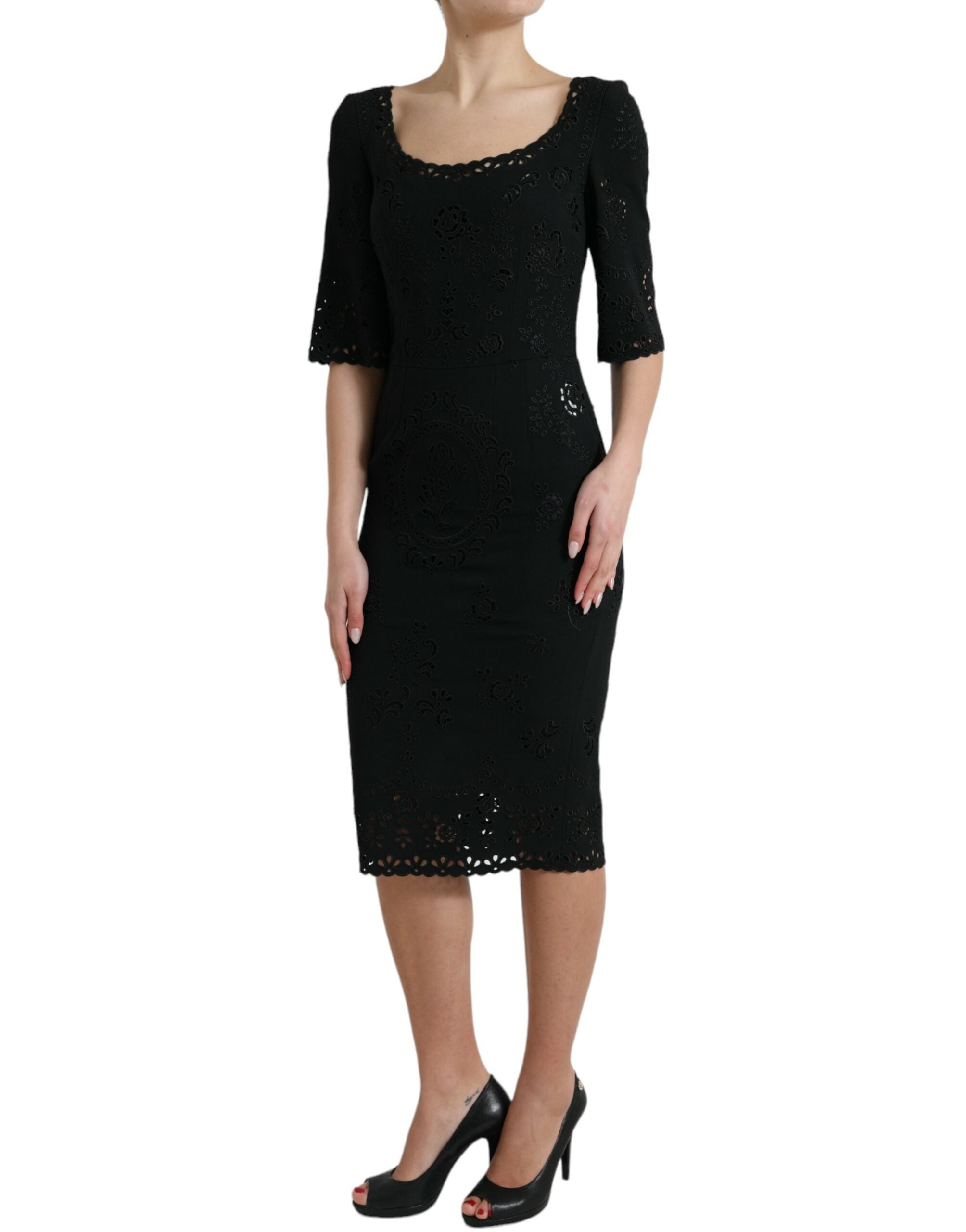 Dolce & Gabbana Schwarzes florales Spitzen-Viskose-Bodycon-Midikleid