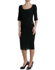 Dolce & Gabbana Schwarzes florales Spitzen-Viskose-Bodycon-Midikleid