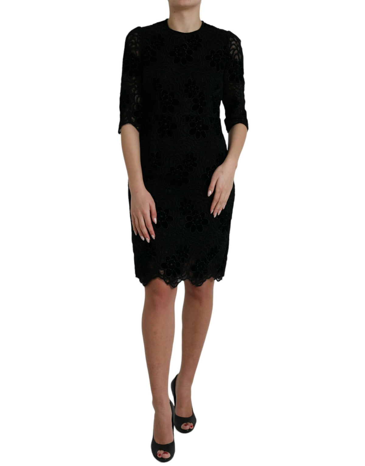Dolce & Gabbana Schwarzes Bodycon-Kleid aus Baumwolle mit Blumenmuster aus Spitze