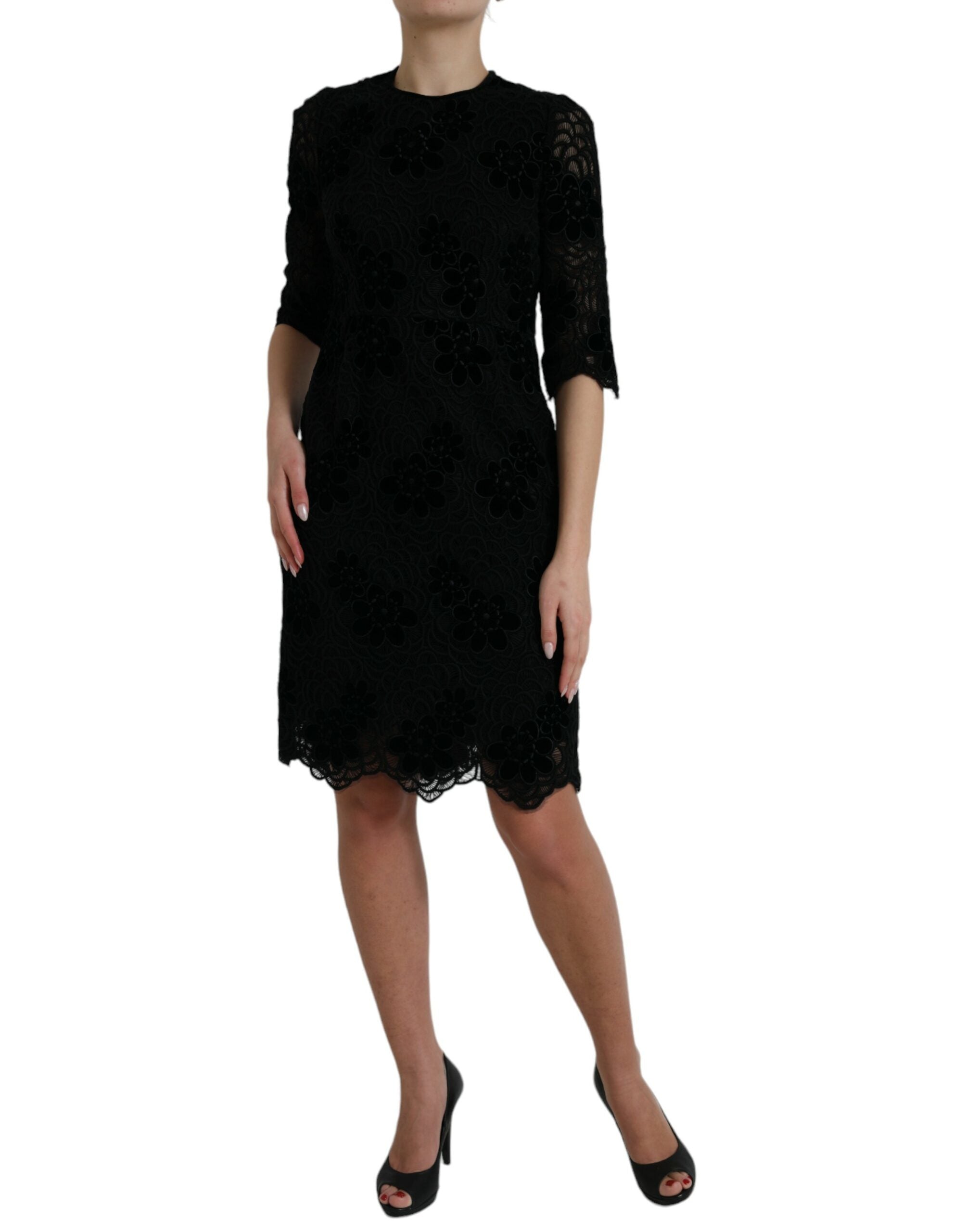 Dolce & Gabbana Schwarzes Bodycon-Kleid aus Baumwolle mit Blumenmuster aus Spitze