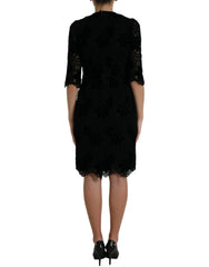 Dolce & Gabbana Schwarzes Bodycon-Kleid aus Baumwolle mit Blumenmuster aus Spitze