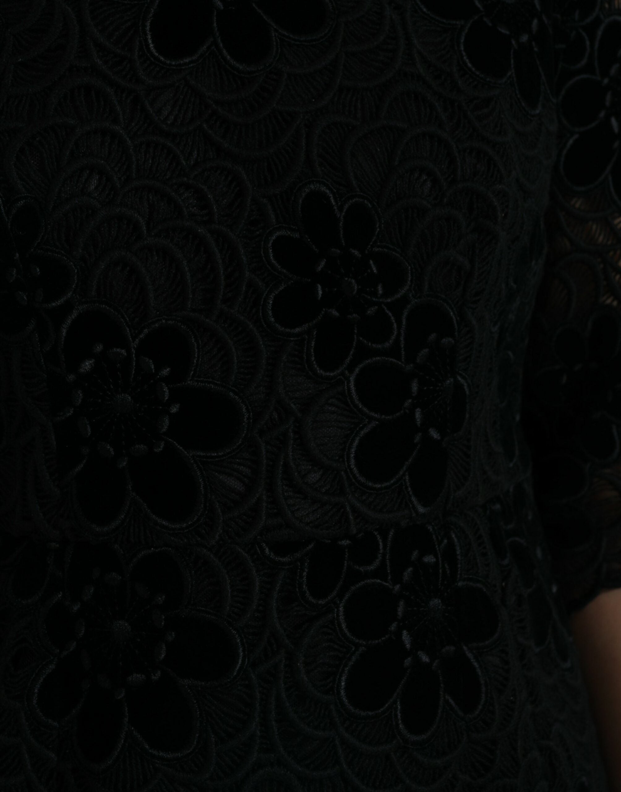 Dolce & Gabbana Schwarzes Bodycon-Kleid aus Baumwolle mit Blumenmuster aus Spitze