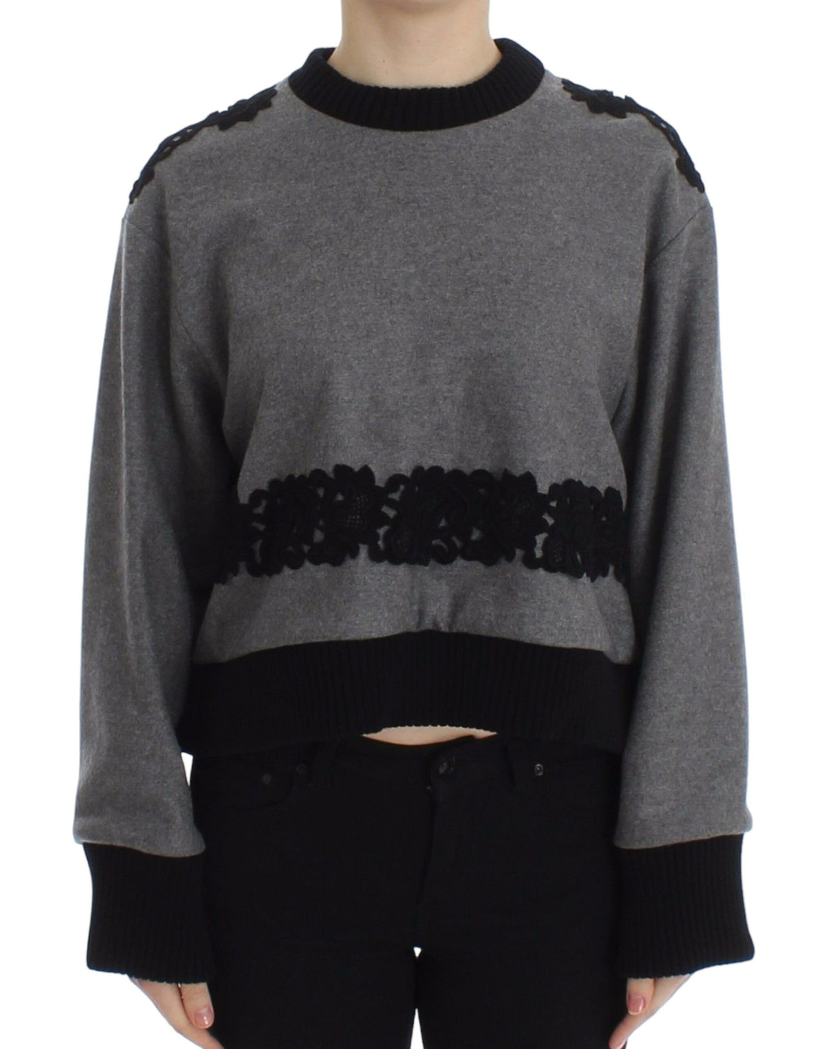 Dolce & Gabbana Grau Schwarzer Spitze Wolle Kaschmir Pullover