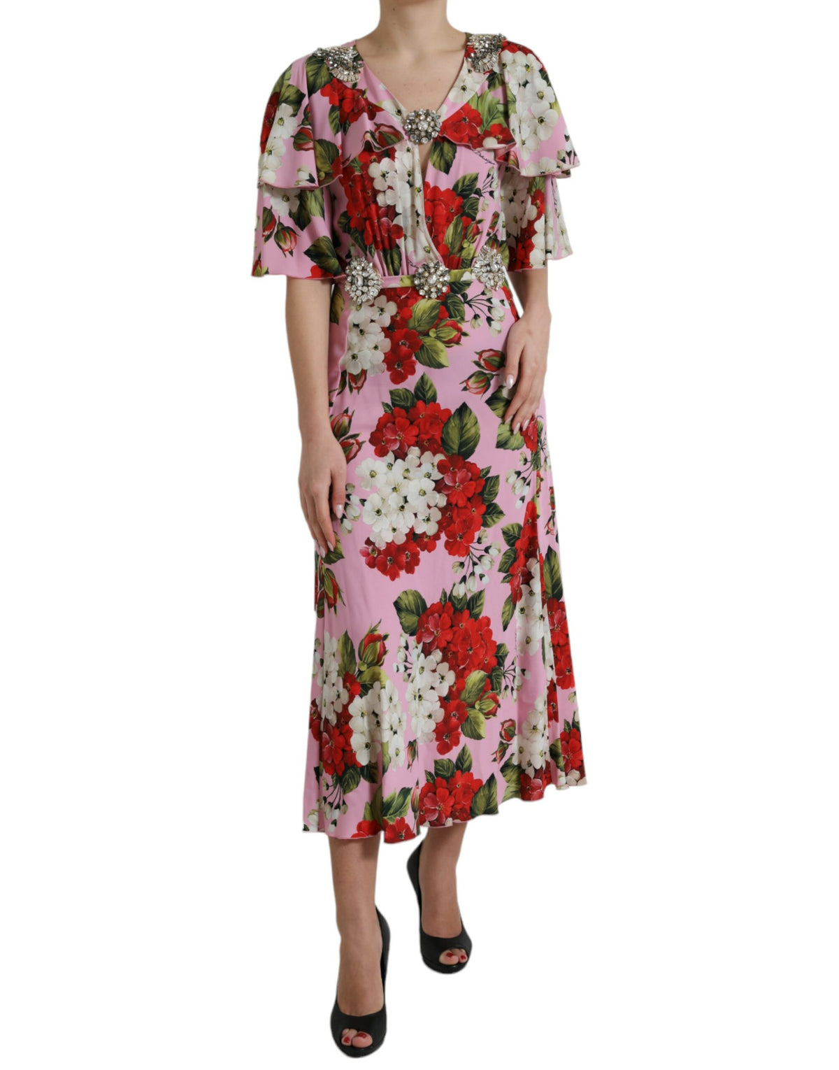 Dolce & Gabbana Mehrfarbiges A-Linien-Kleid mit Blumenmuster und Kristallstickereien