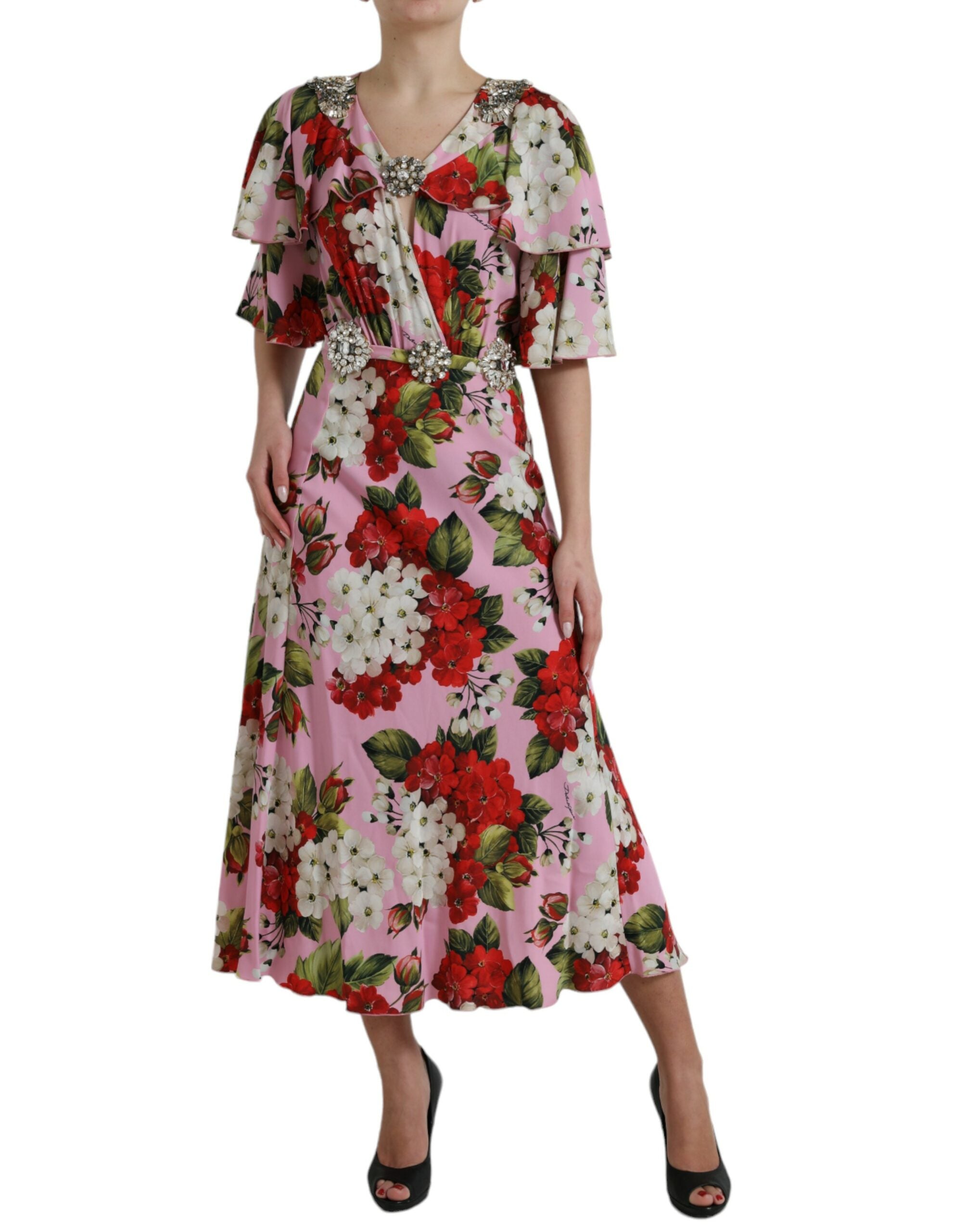 Dolce & Gabbana Mehrfarbiges A-Linien-Kleid mit Blumenmuster und Kristallstickereien
