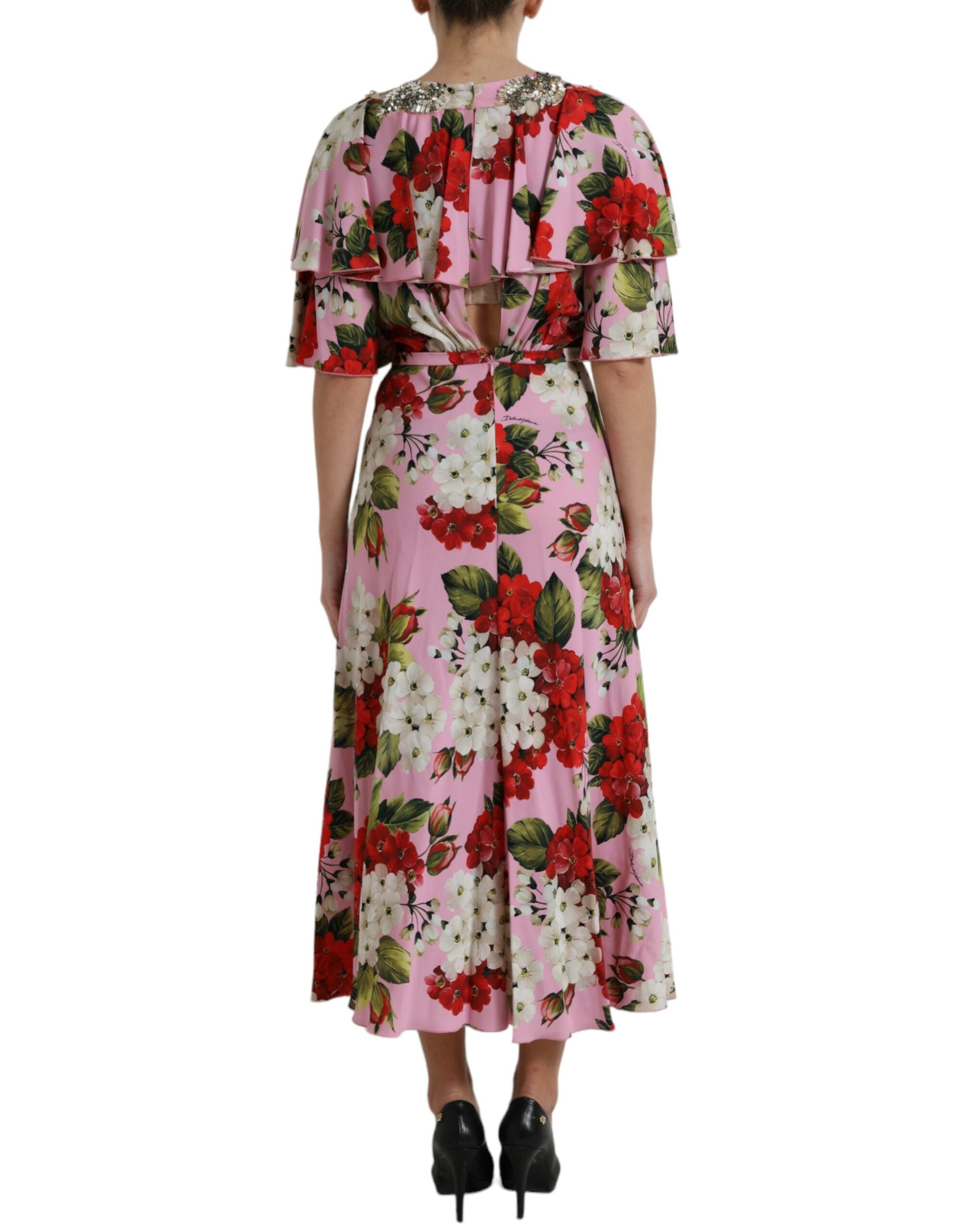 Dolce & Gabbana Mehrfarbiges A-Linien-Kleid mit Blumenmuster und Kristallstickereien