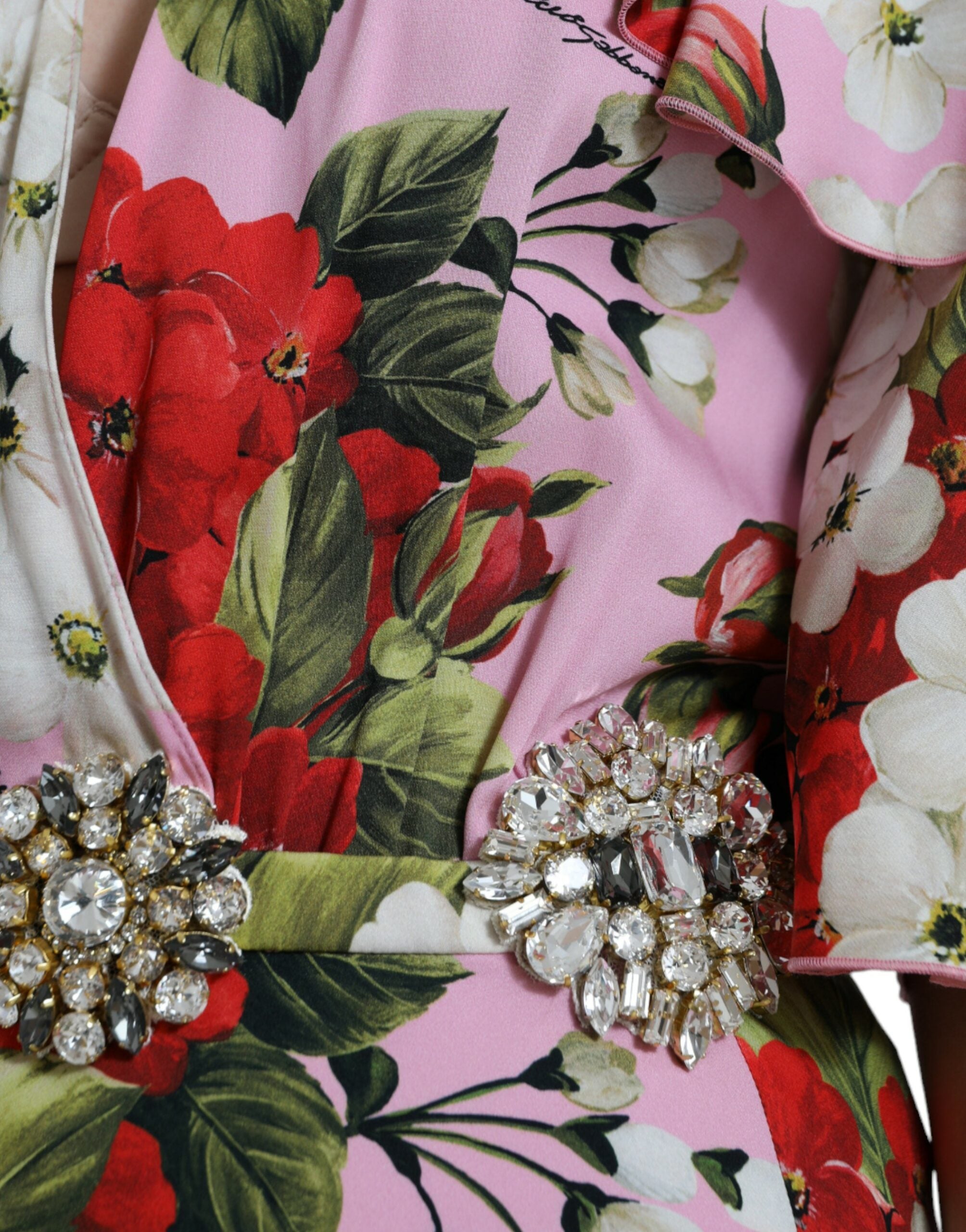 Dolce & Gabbana Mehrfarbiges A-Linien-Kleid mit Blumenmuster und Kristallstickereien