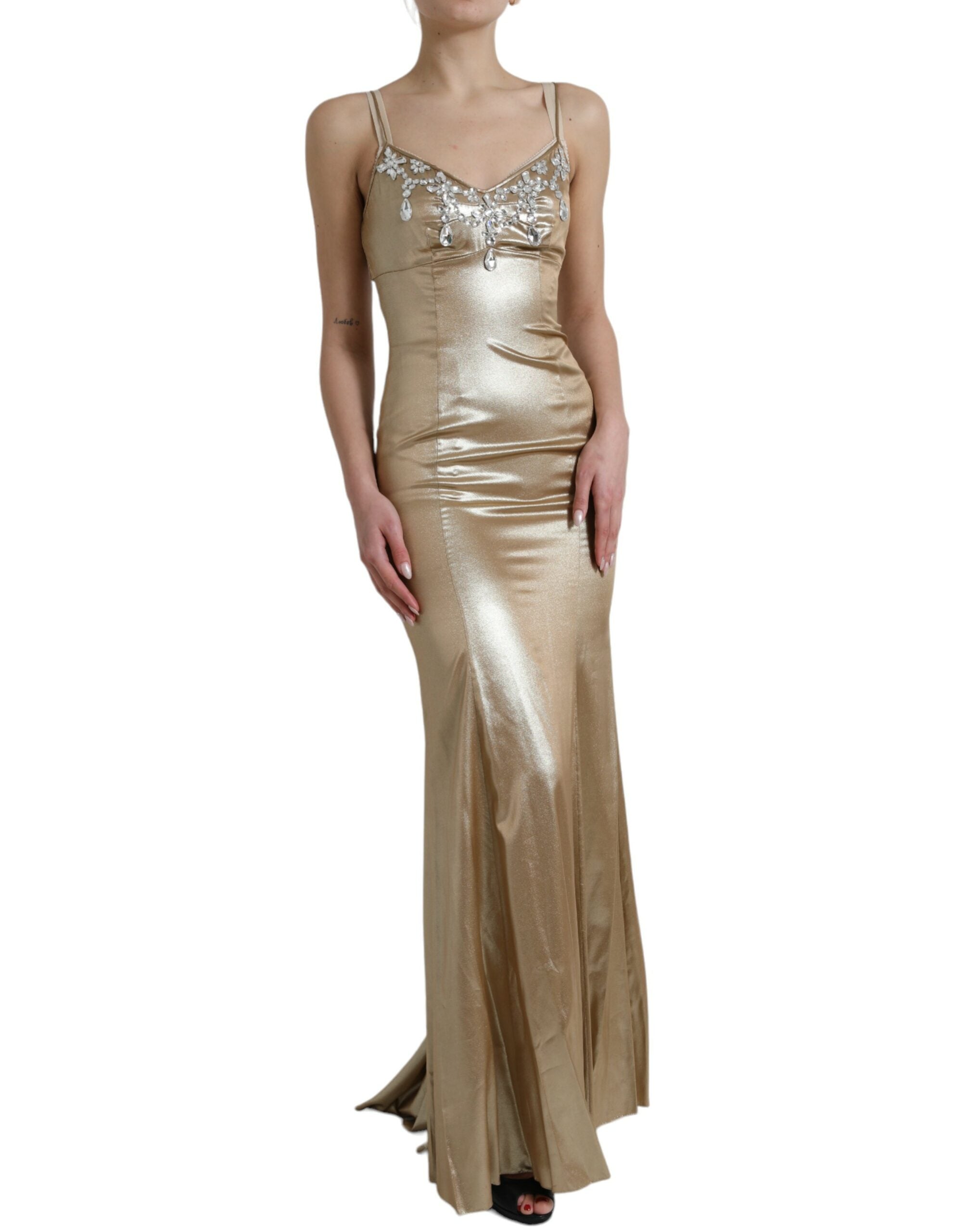 Dolce & Gabbana Metallic Gold Kristallverziertes Abendkleid