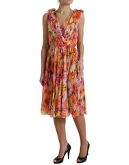 Dolce & Gabbana Zijden Midi-jurk met Veelkleurige Zonnebloemprint
