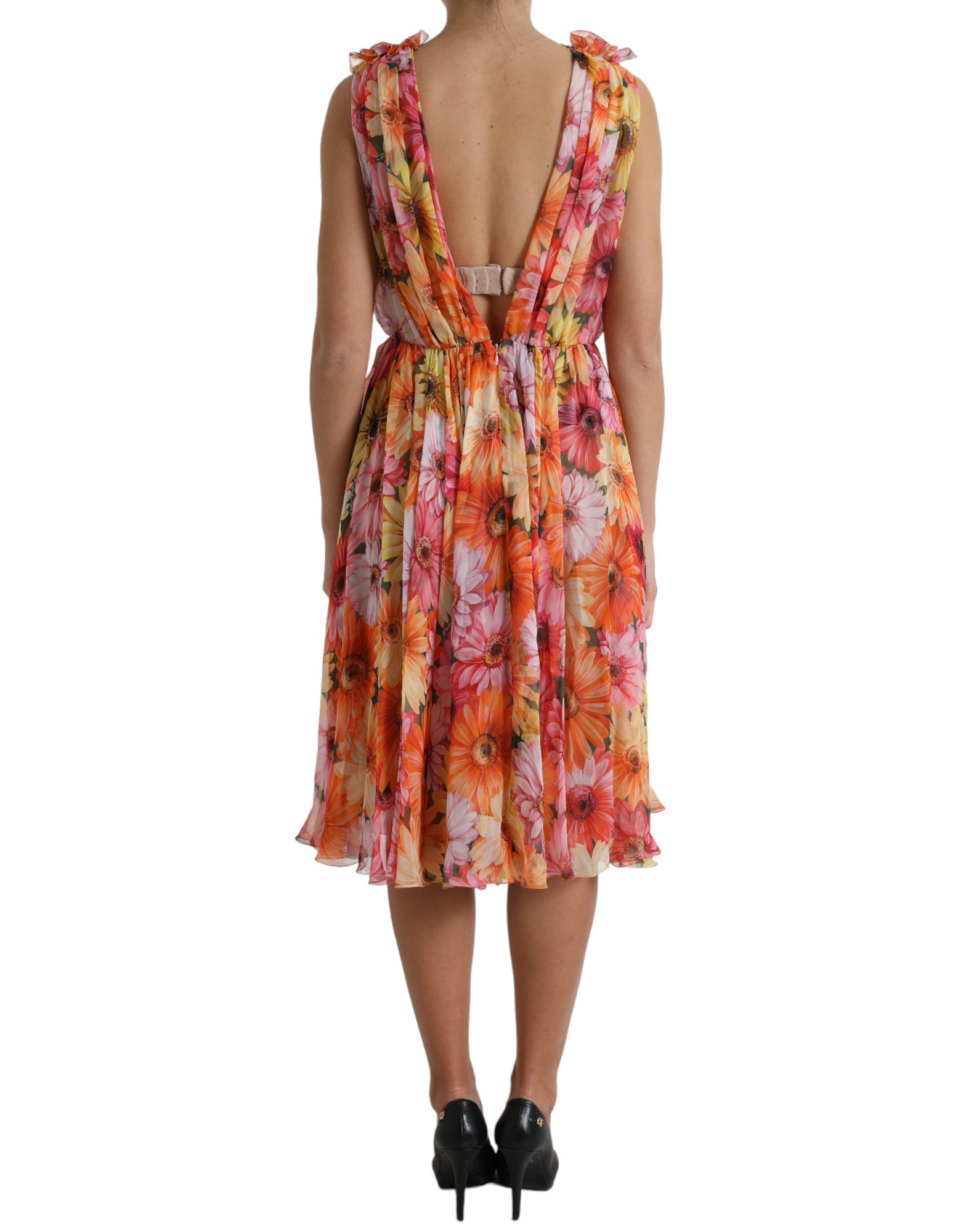 Dolce & Gabbana Zijden Midi-jurk met Veelkleurige Zonnebloemprint