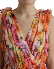 Dolce & Gabbana Zijden Midi-jurk met Veelkleurige Zonnebloemprint