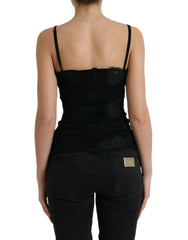 Dolce & Gabbana Schwarzes ärmelloses Tanktop aus Stretch-Seide mit Spitze