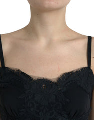 Dolce & Gabbana Schwarzes ärmelloses Tanktop aus Stretch-Seide mit Spitze