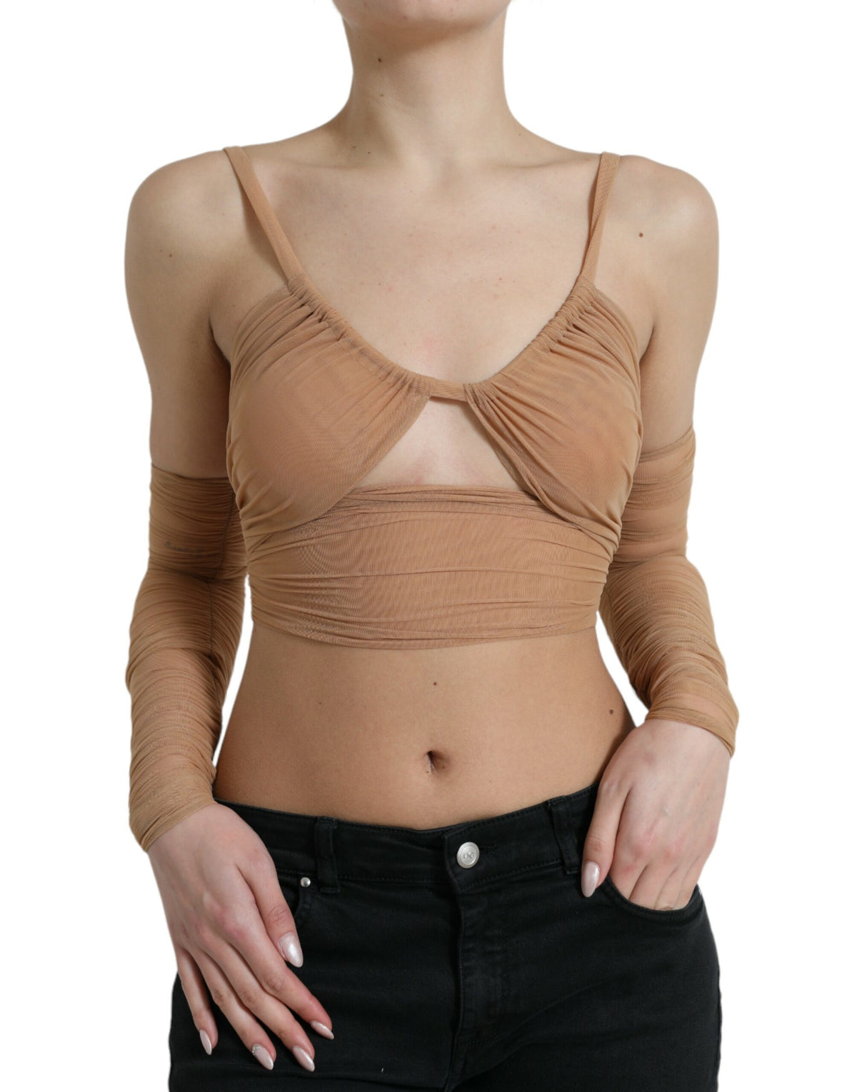 Dolce & Gabbana Braunes Nylon Stretch schulterfreies bauchfreies Top