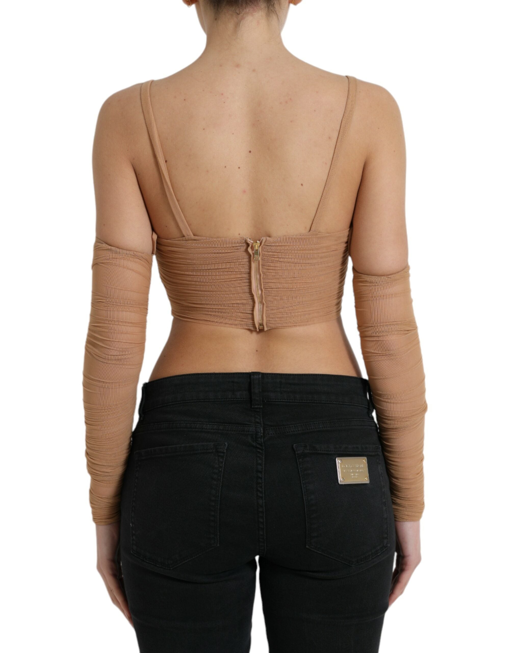 Dolce & Gabbana Braunes Nylon Stretch schulterfreies bauchfreies Top