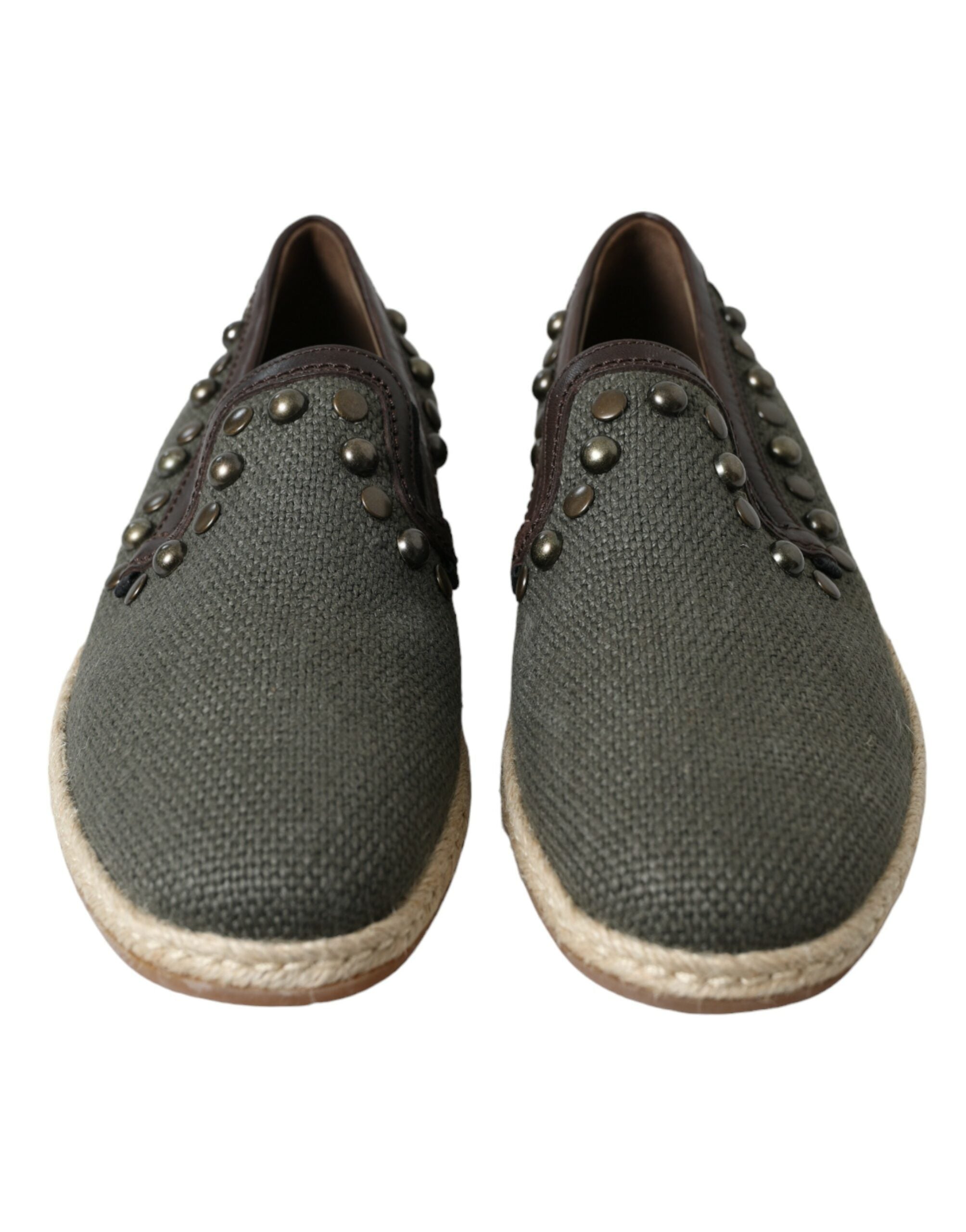 Dolce & Gabbana Graue Leinen-Leder Slipper mit Nieten