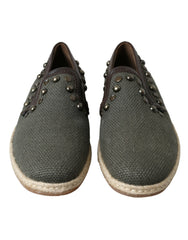 Dolce & Gabbana Graue Leinen-Leder Slipper mit Nieten