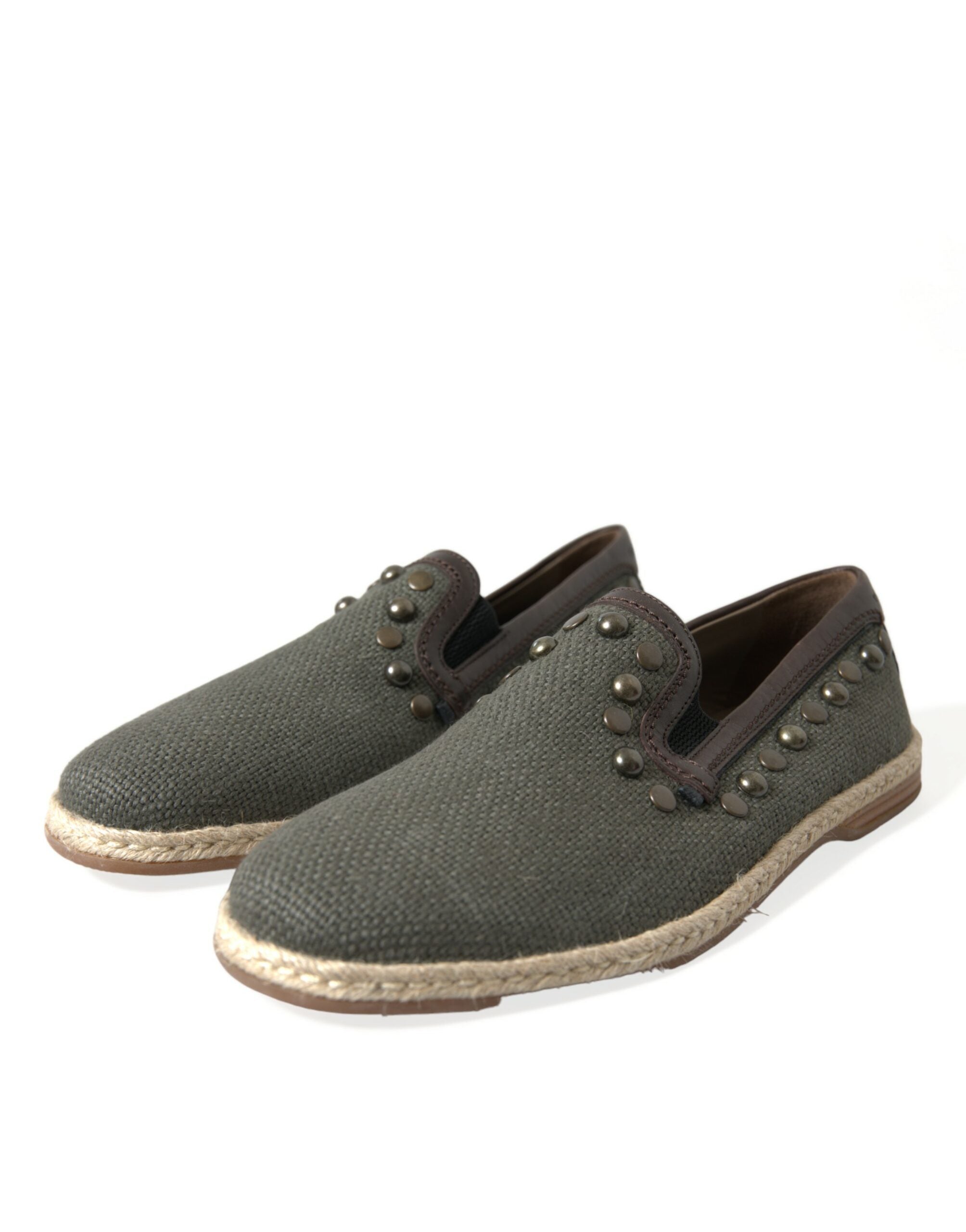 Dolce & Gabbana Graue Leinen-Leder Slipper mit Nieten