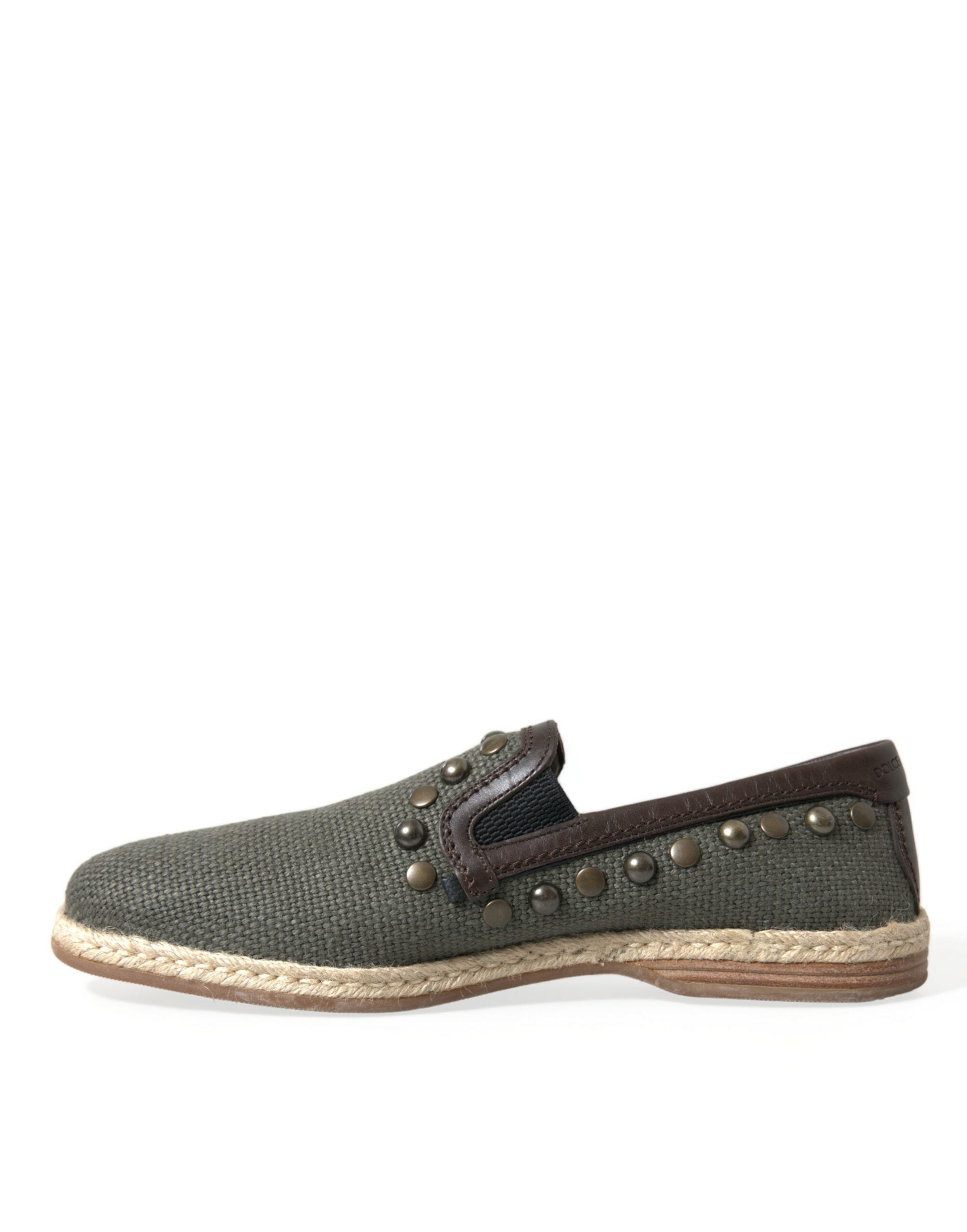 Dolce & Gabbana Graue Leinen-Leder Slipper mit Nieten