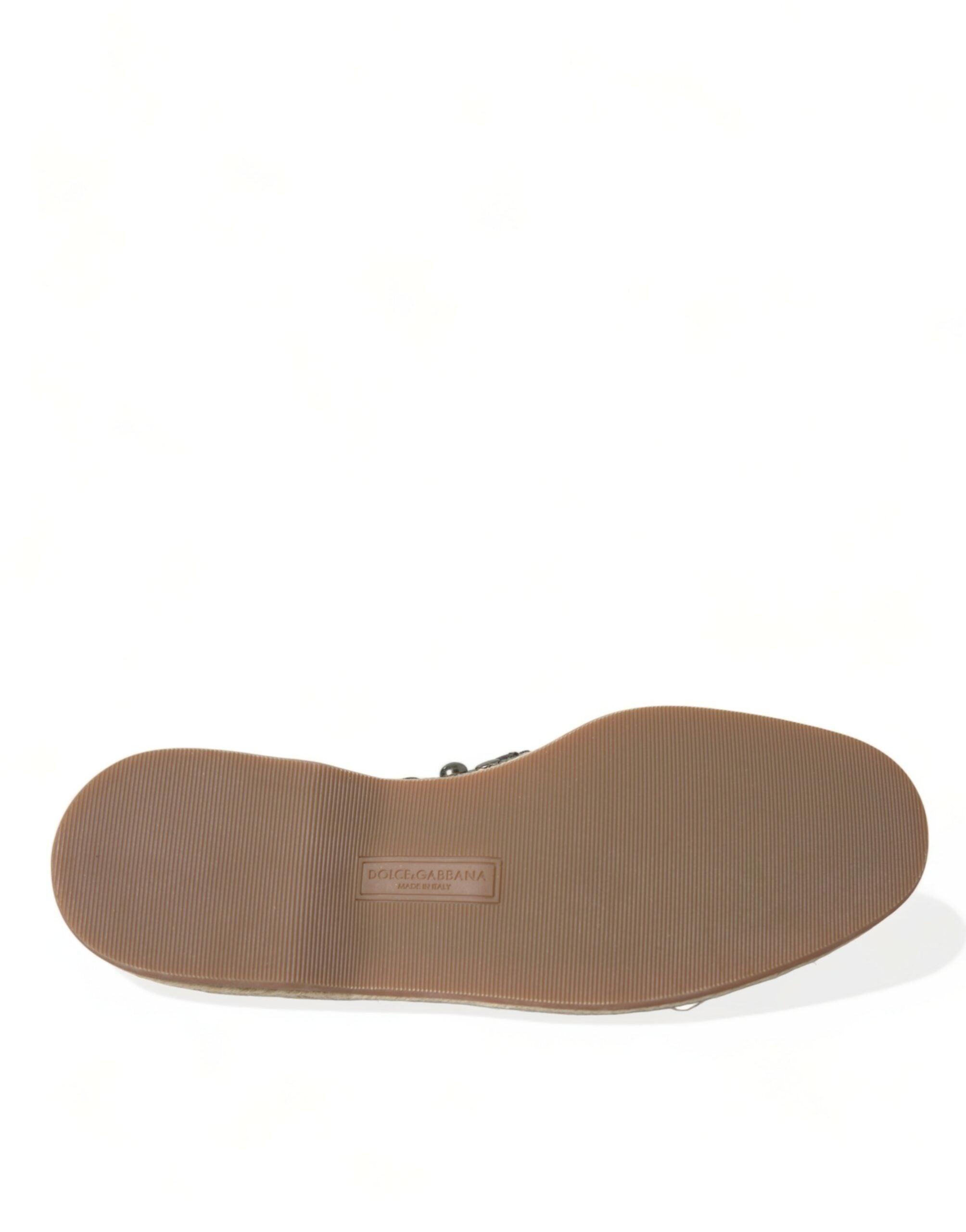 Dolce & Gabbana Graue Leinen-Leder Slipper mit Nieten