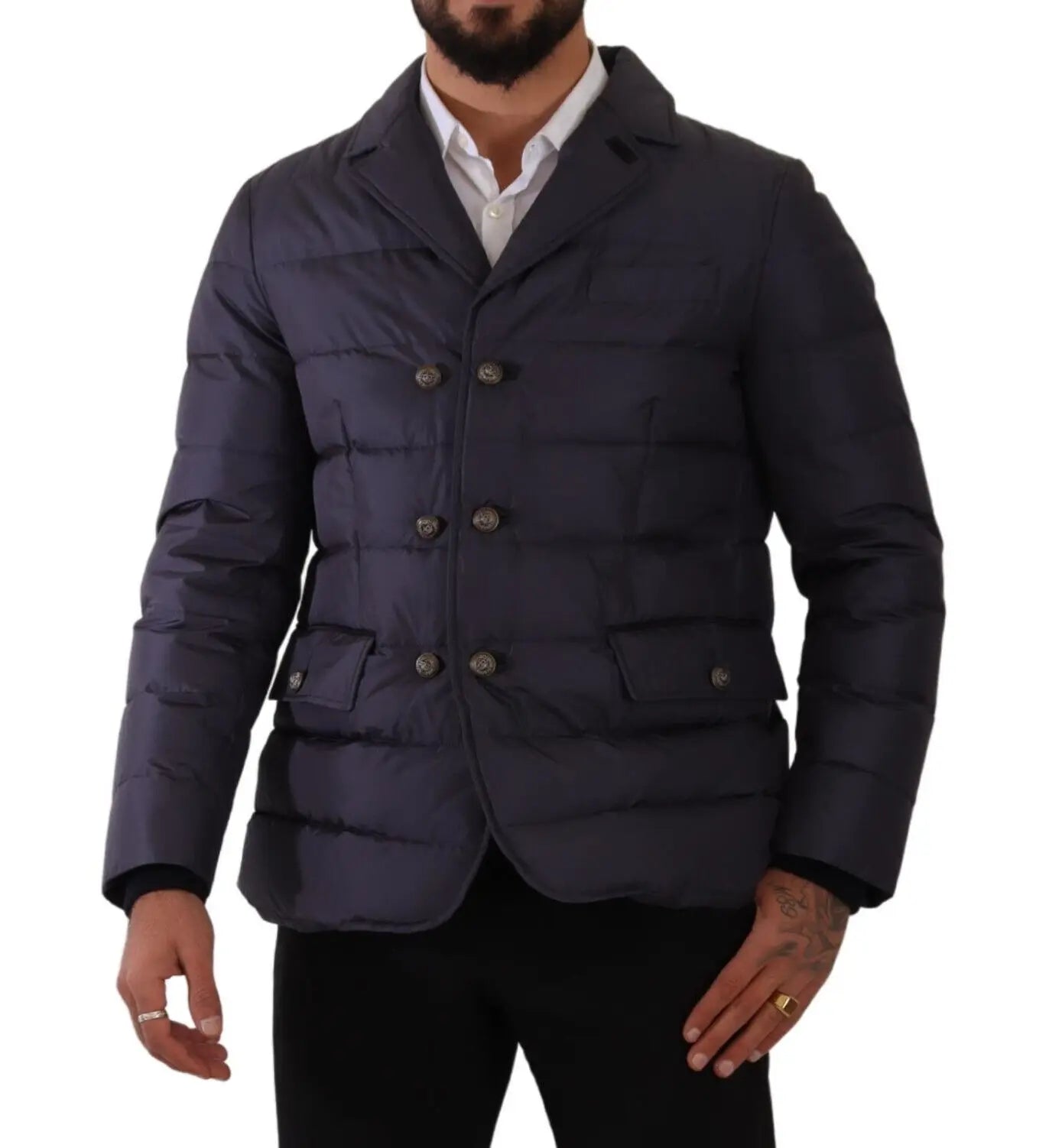 Dolce & Gabbana Blaue Seiden-Ziegenleder-Mantel Blouson Winterjacke
