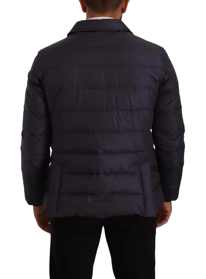 Dolce & Gabbana Blaue Seiden-Ziegenleder-Mantel Blouson Winterjacke