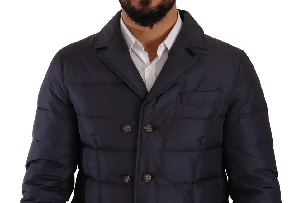Dolce & Gabbana Blaue Seiden-Ziegenleder-Mantel Blouson Winterjacke