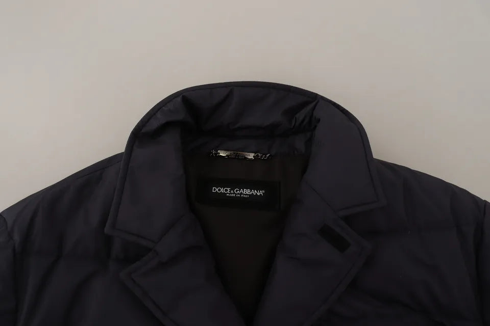 Dolce & Gabbana Blaue Seiden-Ziegenleder-Mantel Blouson Winterjacke