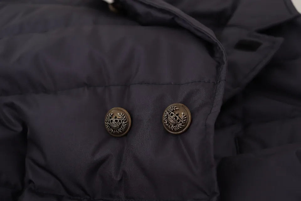 Dolce & Gabbana Blaue Seiden-Ziegenleder-Mantel Blouson Winterjacke