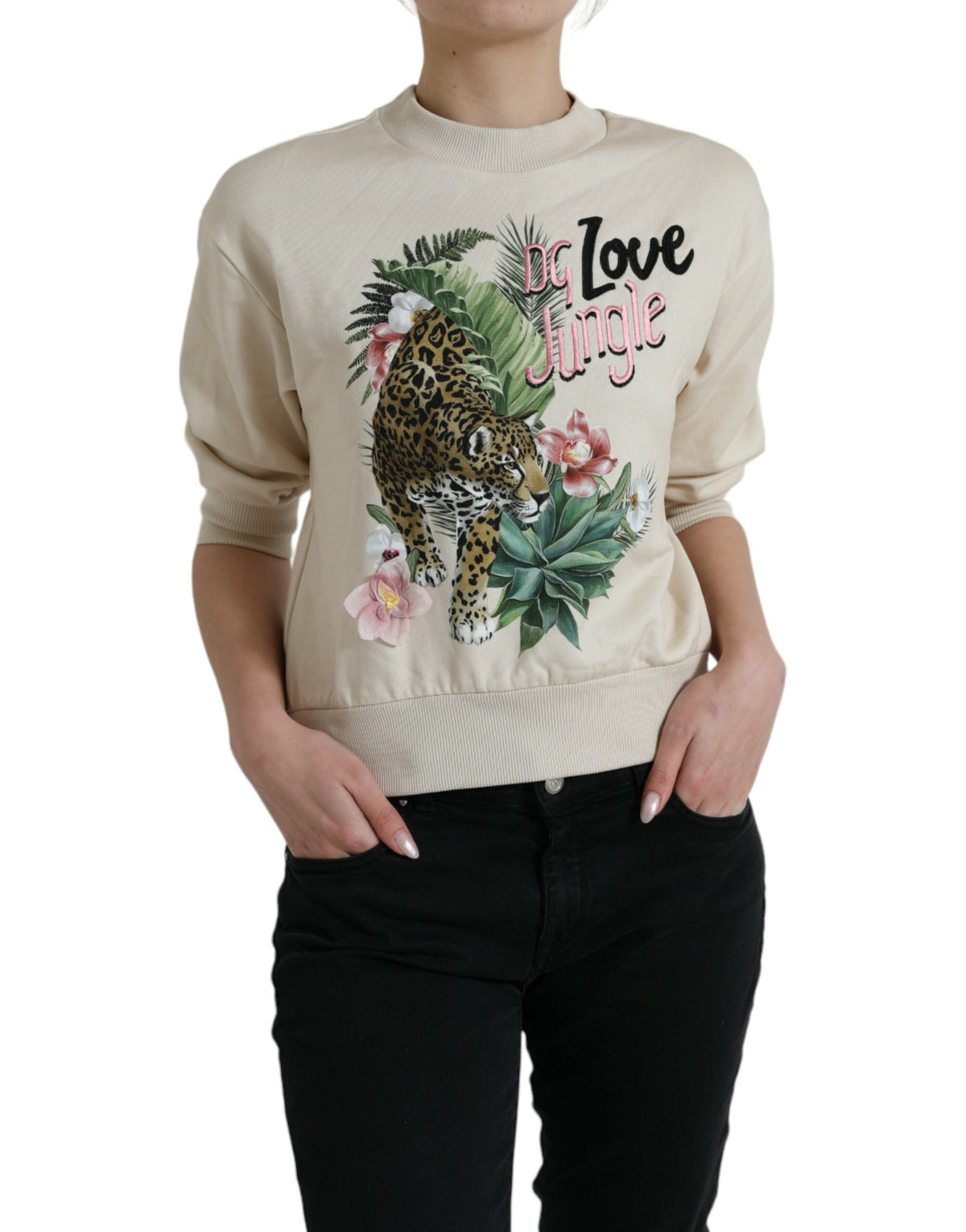 Dolce & Gabbana Beigefarbener Pullover aus Baumwolle mit Dschungel-Print