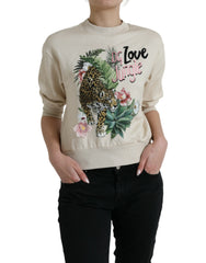 Dolce & Gabbana Beigefarbener Pullover aus Baumwolle mit Dschungel-Print