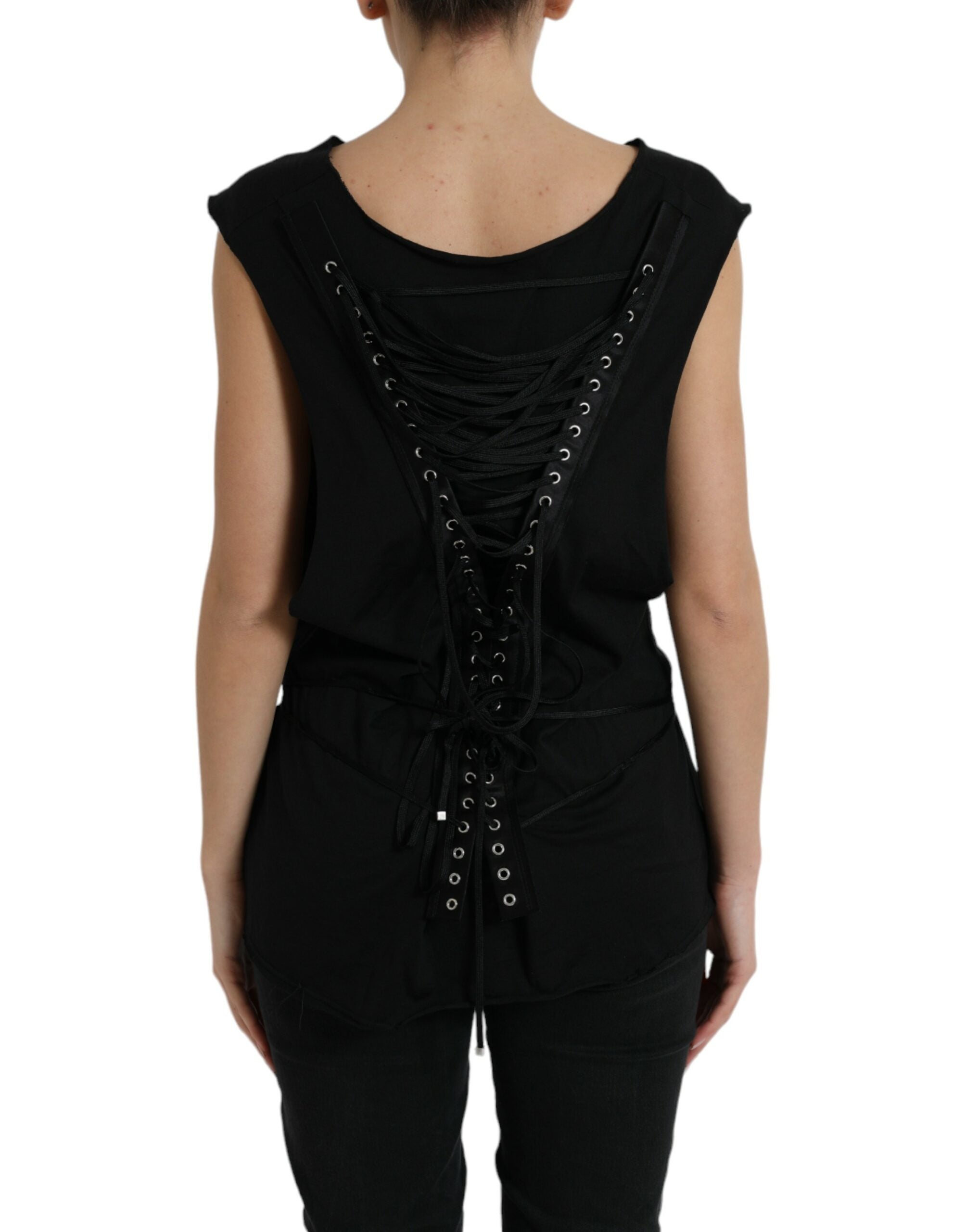 Dolce & Gabbana Schwarzes Baumwoll-Tanktop mit Schnürung und Rundhalsausschnitt