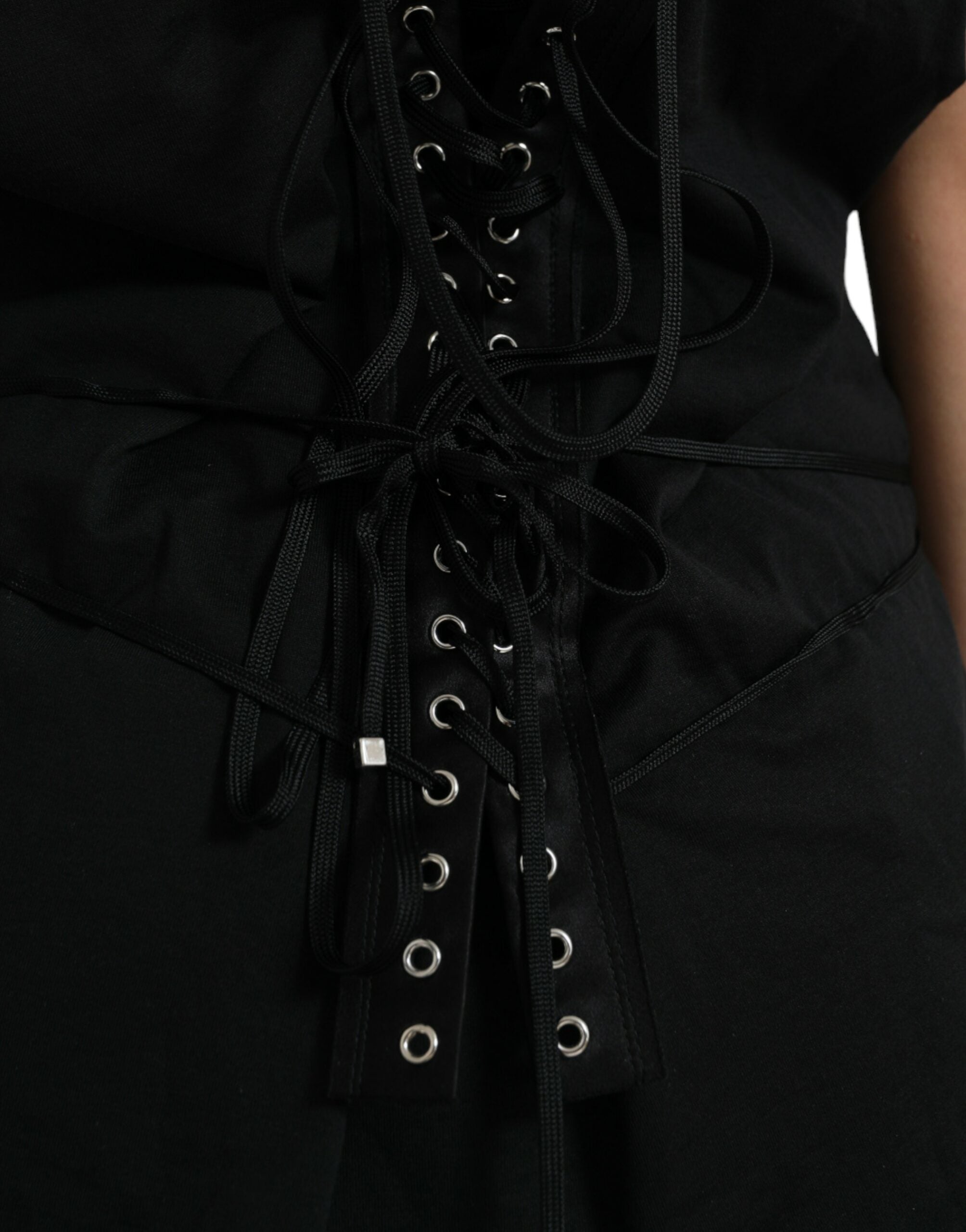 Dolce & Gabbana Schwarzes Baumwoll-Tanktop mit Schnürung und Rundhalsausschnitt