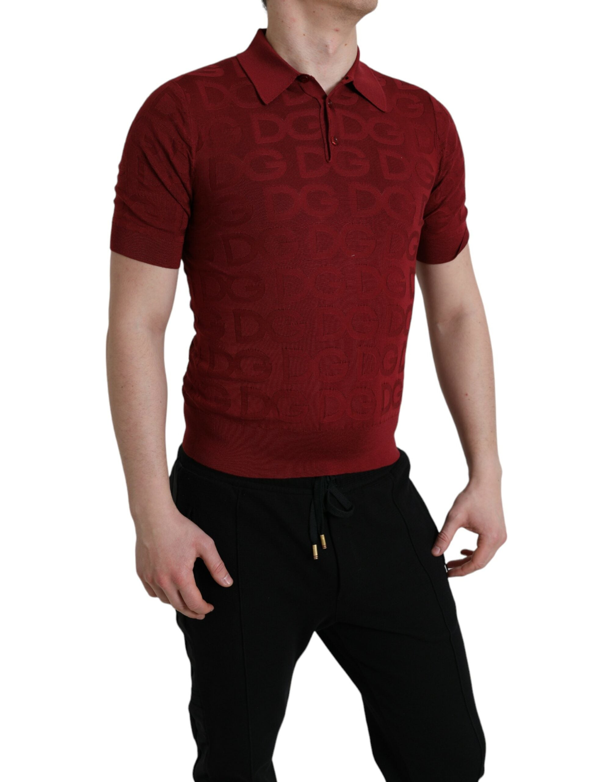 Dolce & Gabbana Maroon kurzärmeliges Seiden-T-Shirt mit Kragen