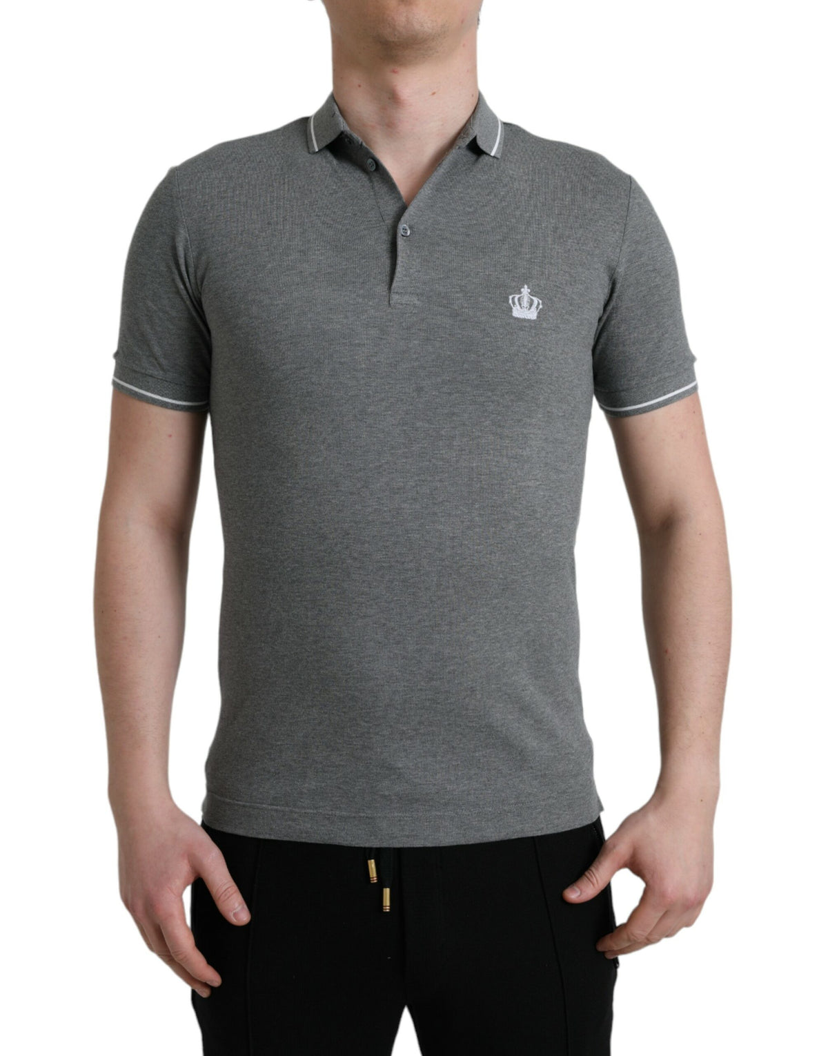 Dolce & Gabbana Graues kurzärmeliges Poloshirt mit Kronen-Stickerei